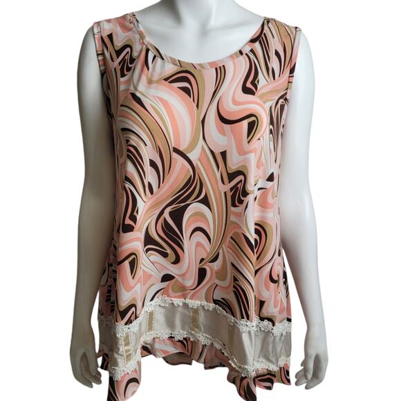 Vntg 1960s Psychedelic Pink Brown Lace Trim Night Shirt 1X Handmade MCM Sleep - Picture 1 of 6